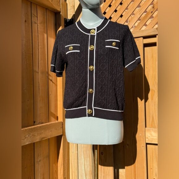 🆕 KARL LAGERFELD 🧿 NWT Black Classic Jacquard Knit Short Sleeve Sweater SzL - Picture 2 of 16